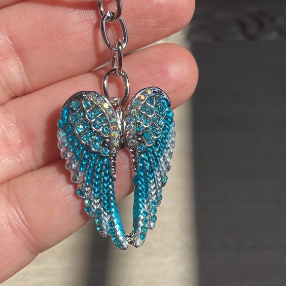 Angel Wings Blue Pendant Keychain Handbag Jewelry Inlaid Rhinestone Enamel New - Picture 3 of 12